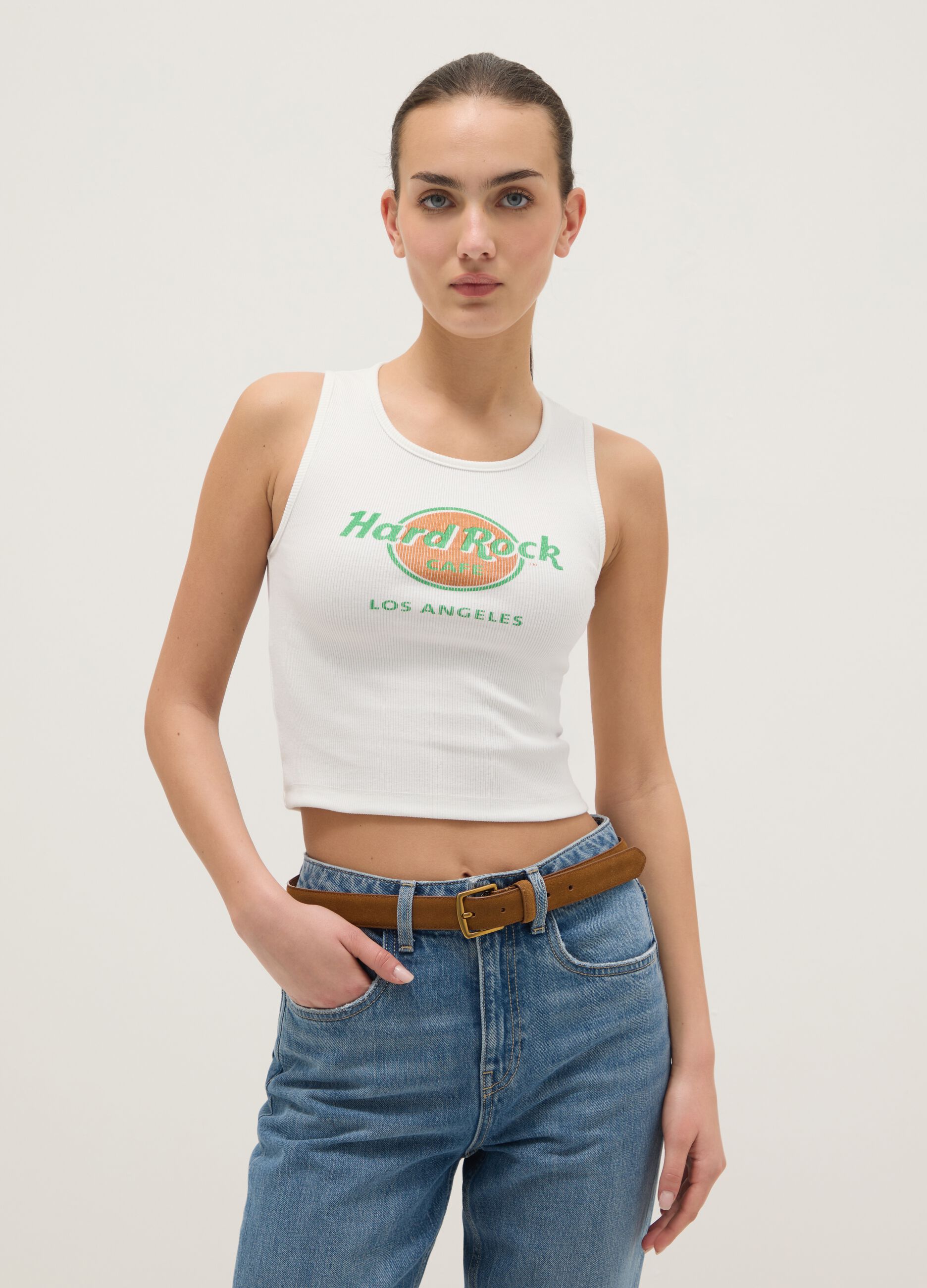 White cotton tank top regular fit with Hard Rock Cafe logo