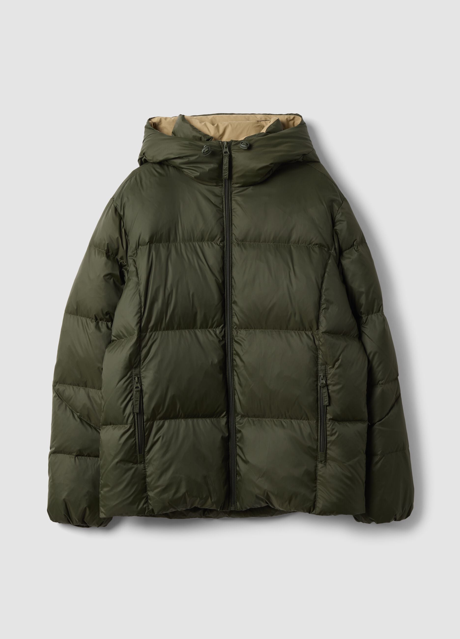 Green puffer jacket with recycled down filling, hood and zip, regular fit