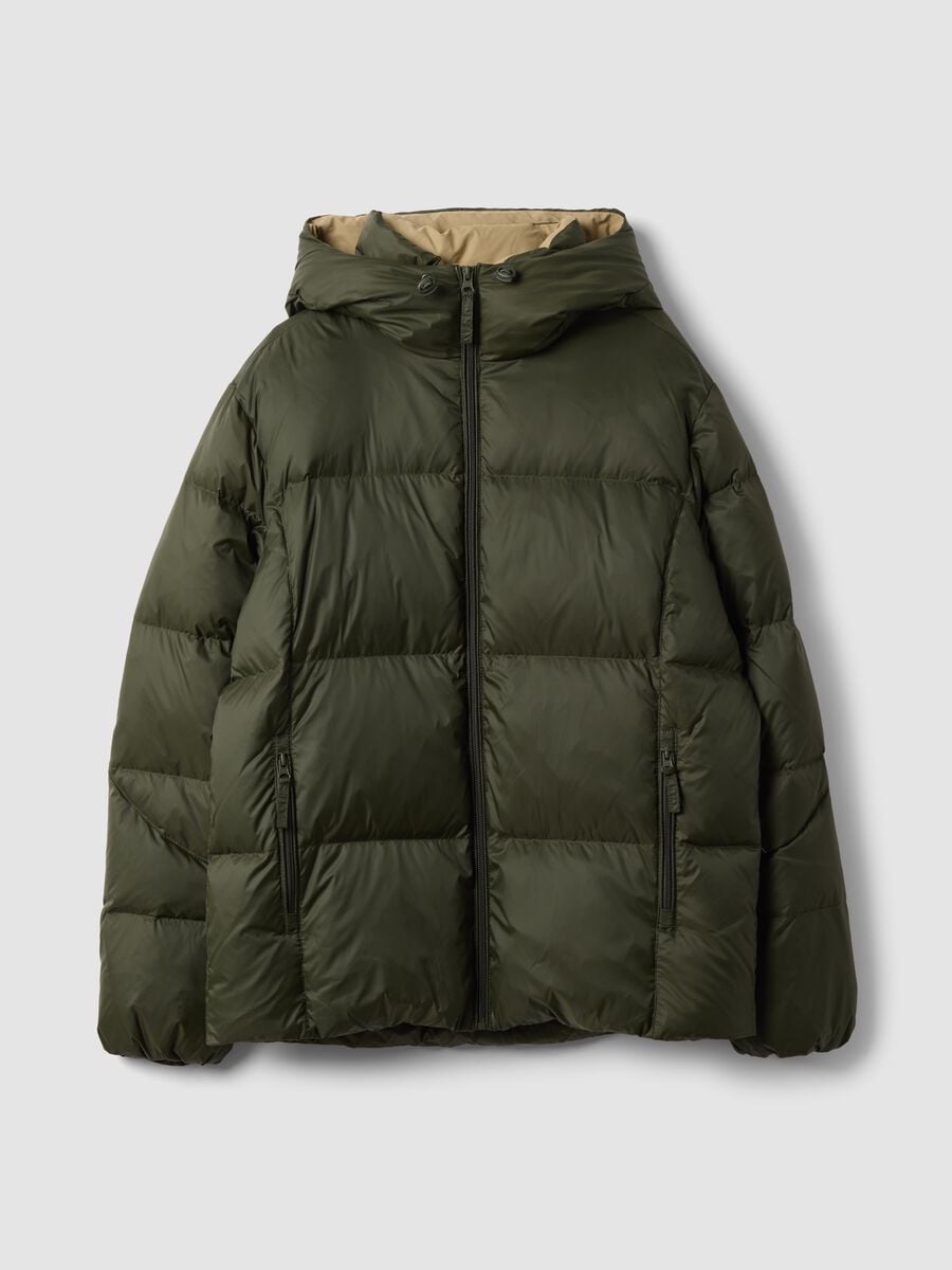 Green puffer jacket with recycled down filling, hood and zip, regular fit_0