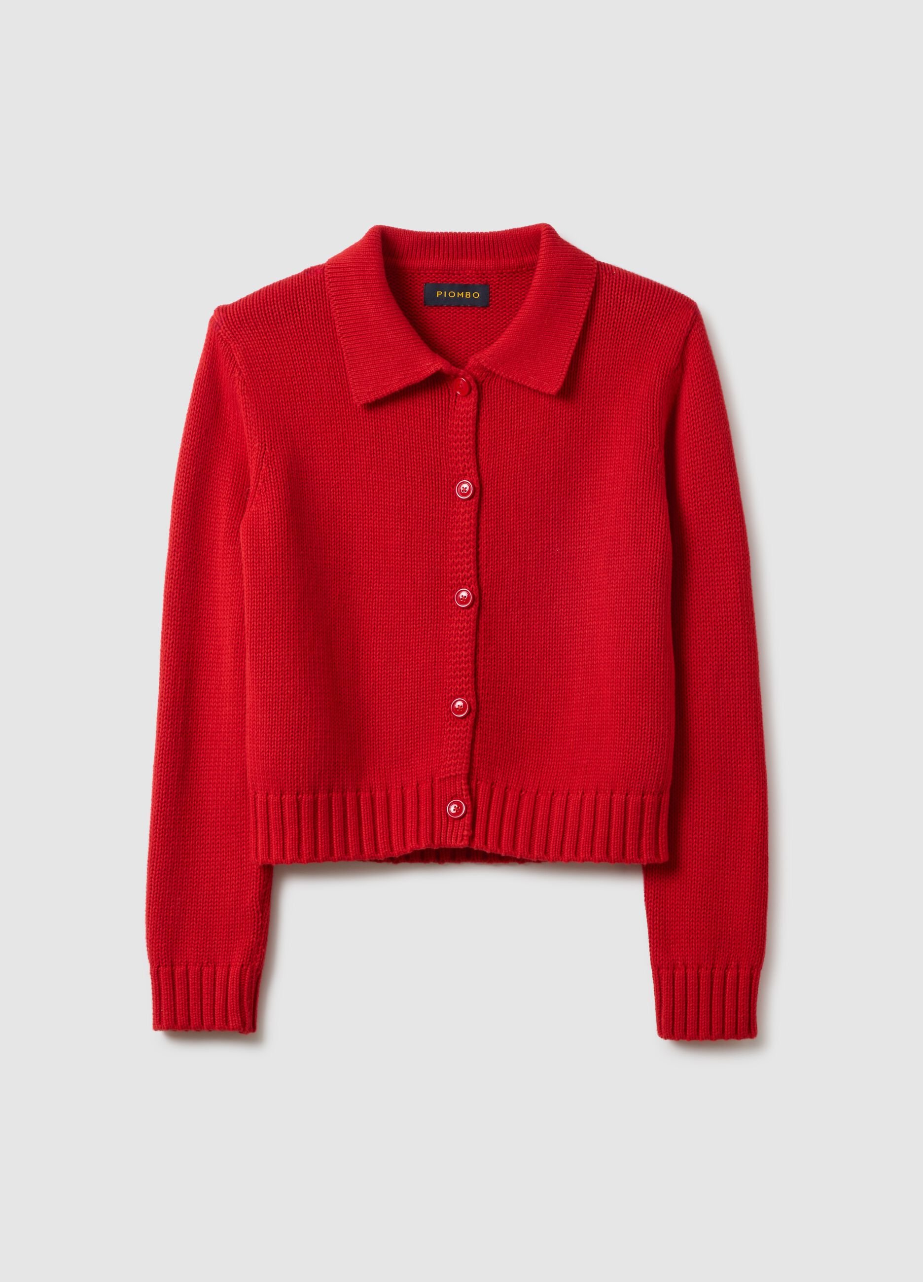Regular Fit Red Cotton Cardigan with Polo Collar