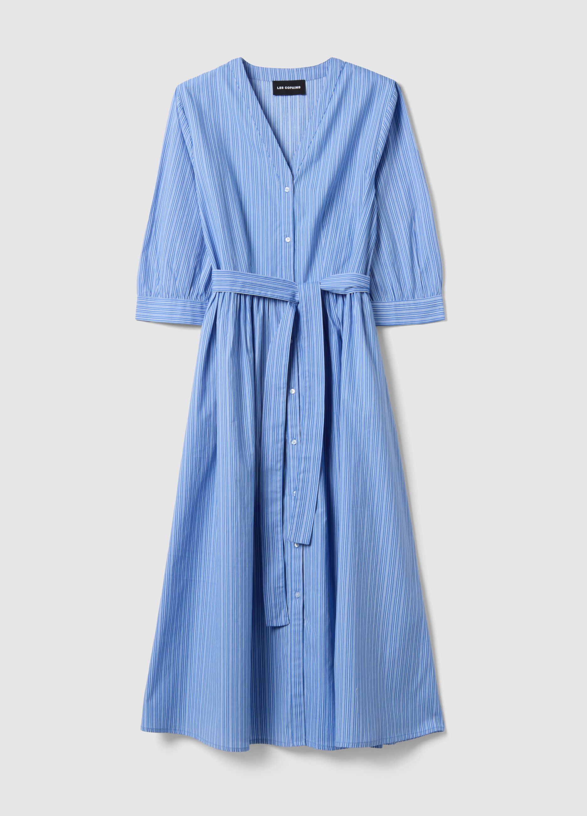 Pure cotton blue striped dress with V-neck in regular fit