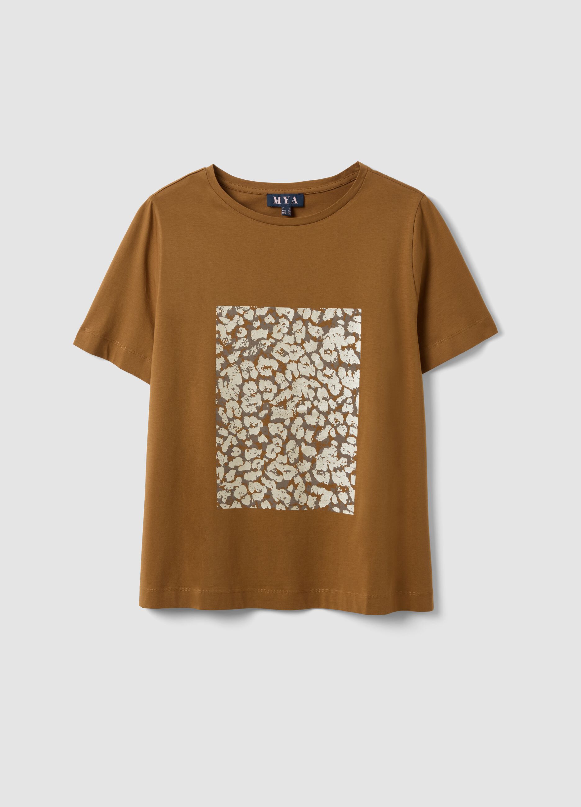 Brown pure cotton T-shirt with front print, regular fit