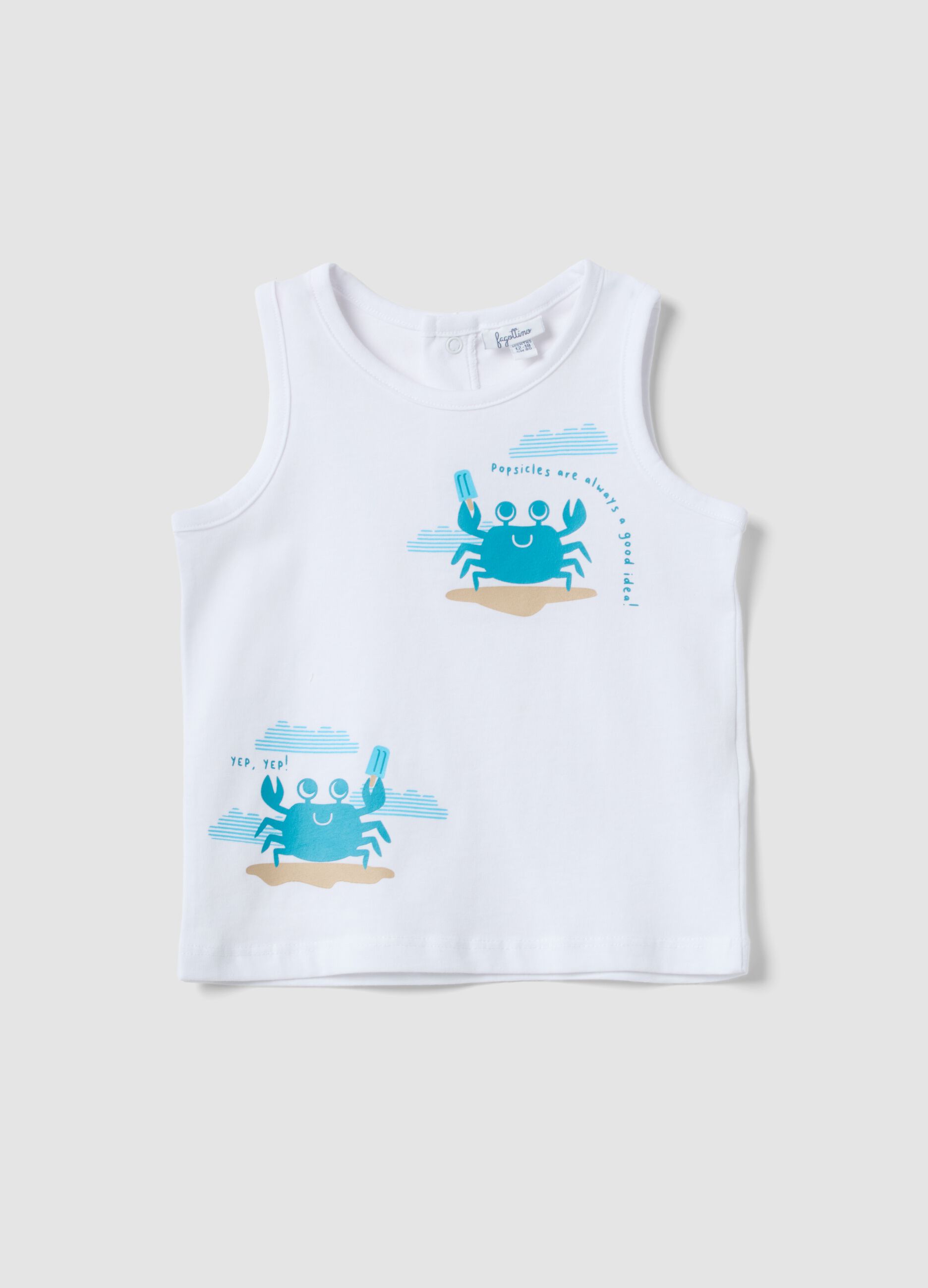 White pure cotton boys&rsquo; vest, regular fit, with crab prints