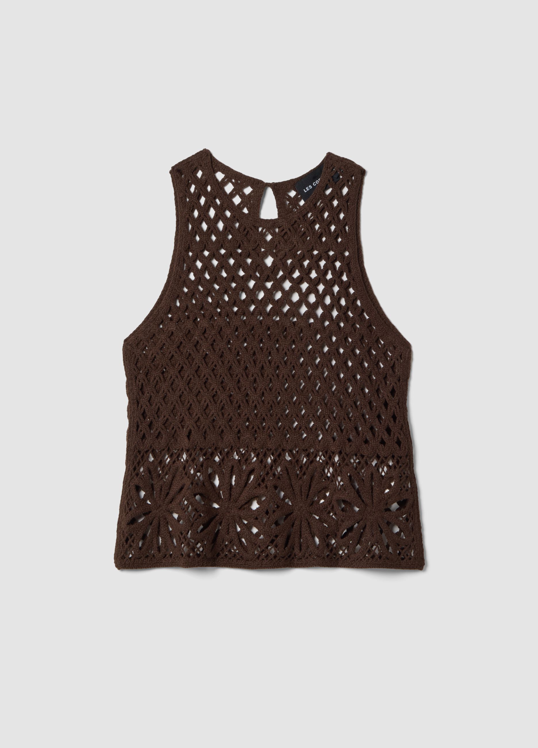 Brown cotton-blend regular-fit tank top with mesh design