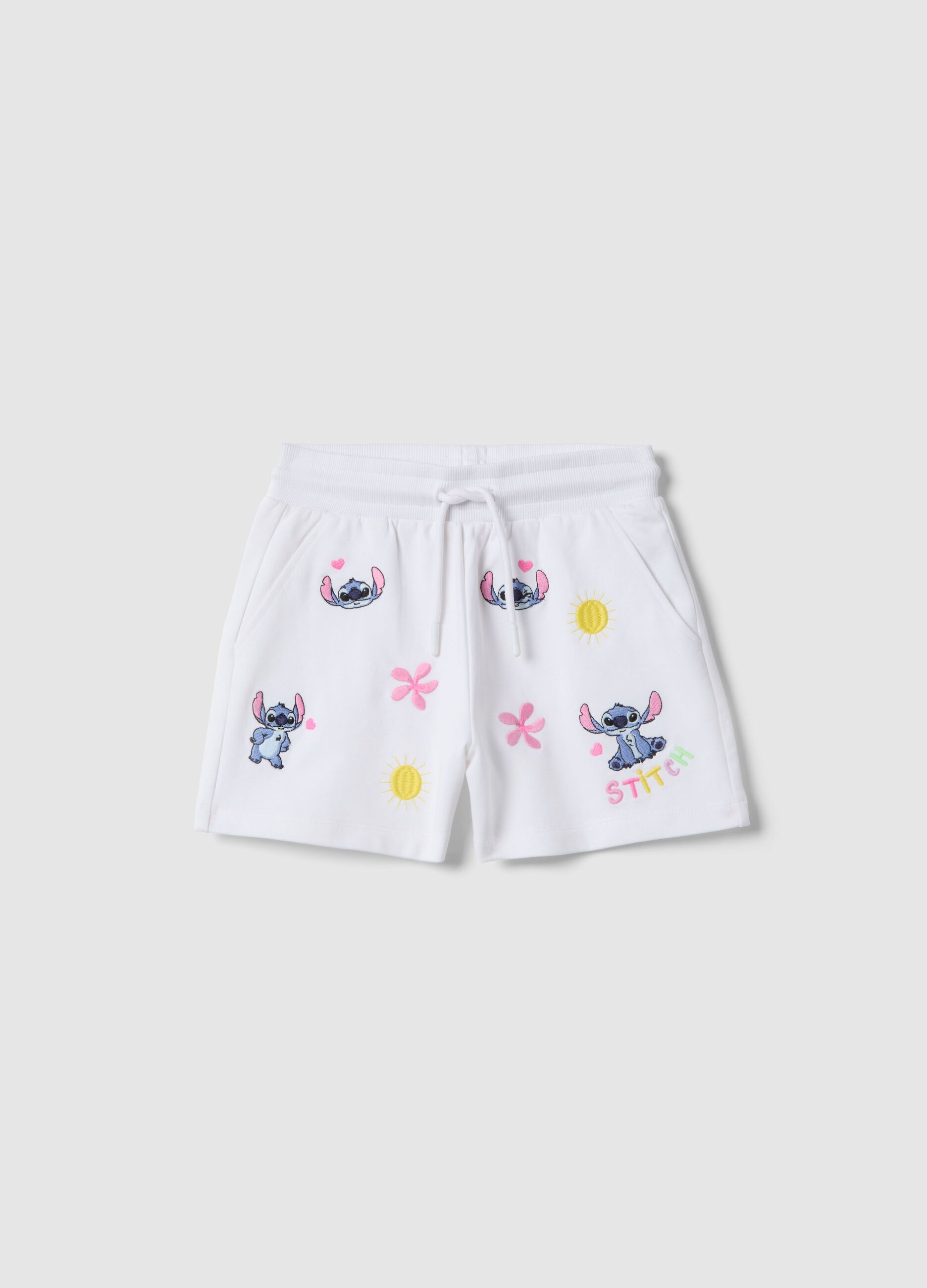 Girls' Regular Fit Pure White Cotton Shorts Featuring Stitch