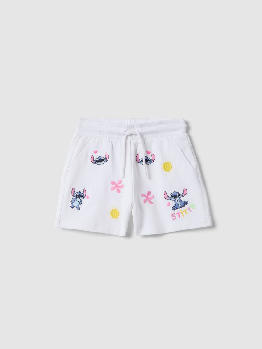 Girls' Regular Fit Pure White Cotton Shorts Featuring Stitch_0