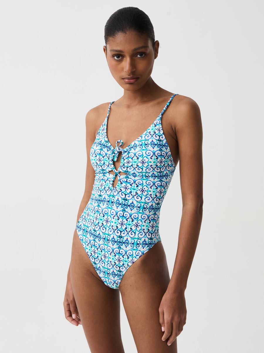 One-piece swimsuit with majolica print_1
