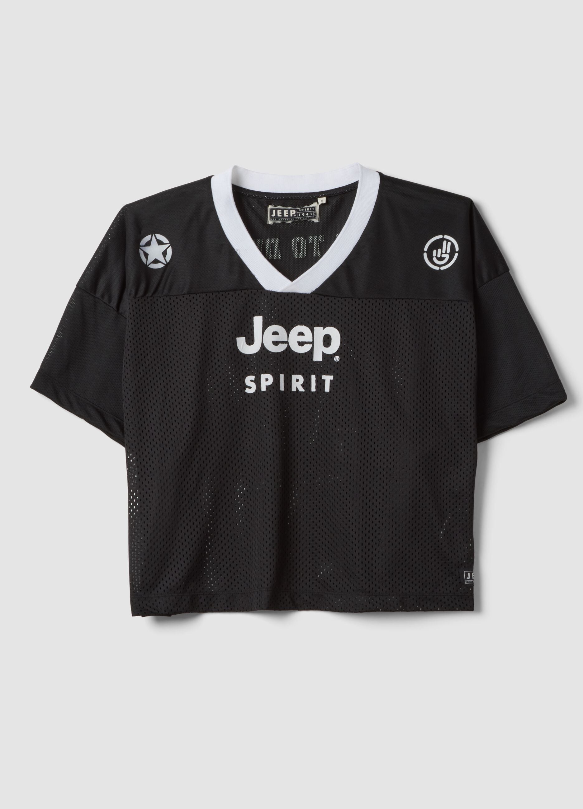 Black short-sleeve T-shirt with perforated insert, regular fit