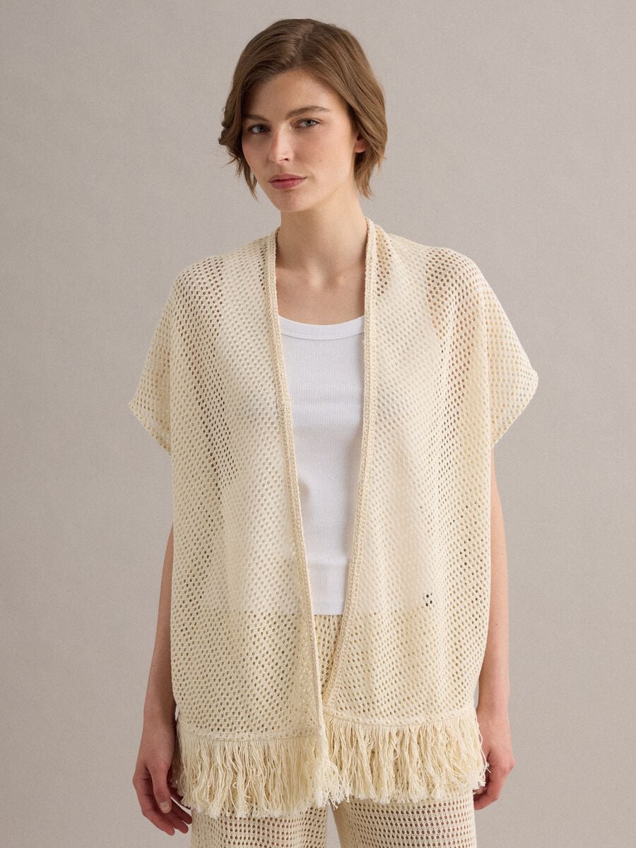 Beige crochet viscose-blend cardigan with fringes_0