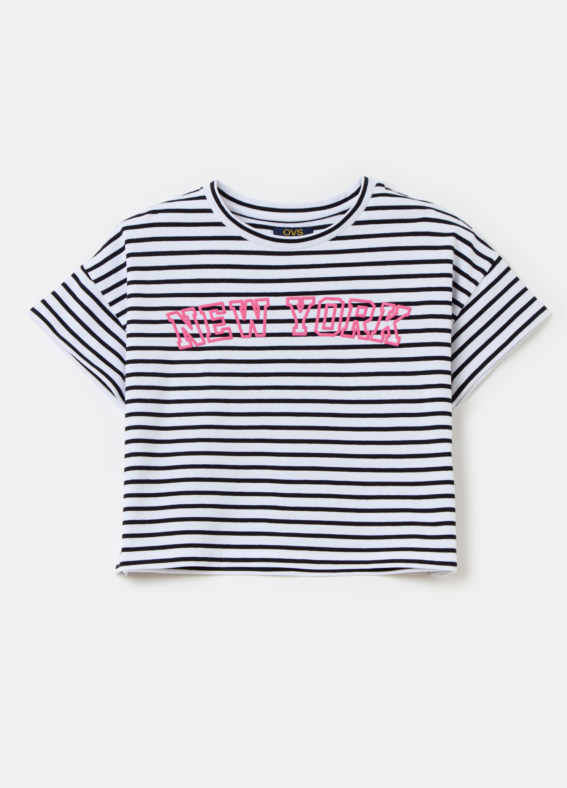 T-shirt cropped a righe con stampa