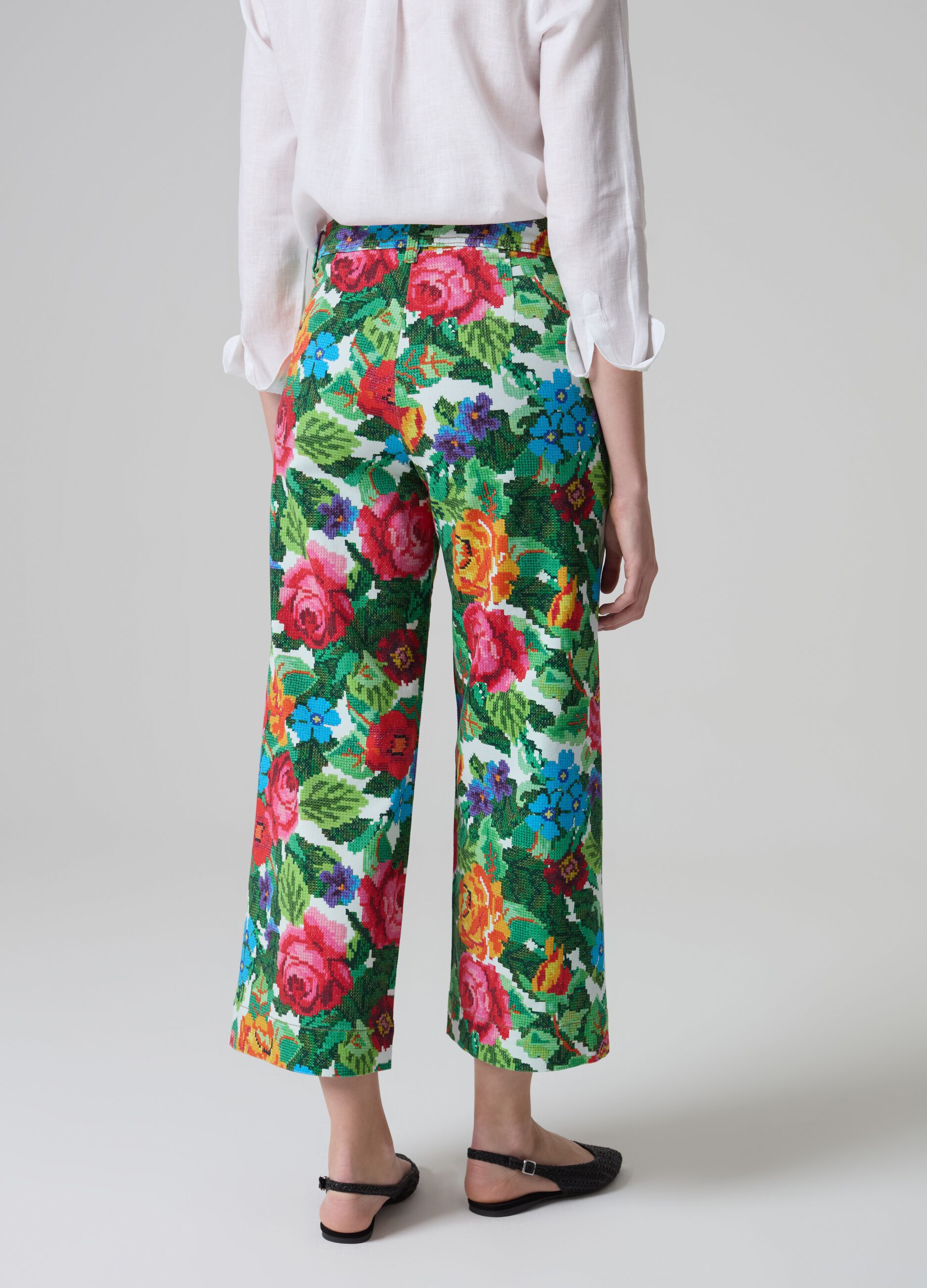 Embroidery-effect floral wide-leg trousers