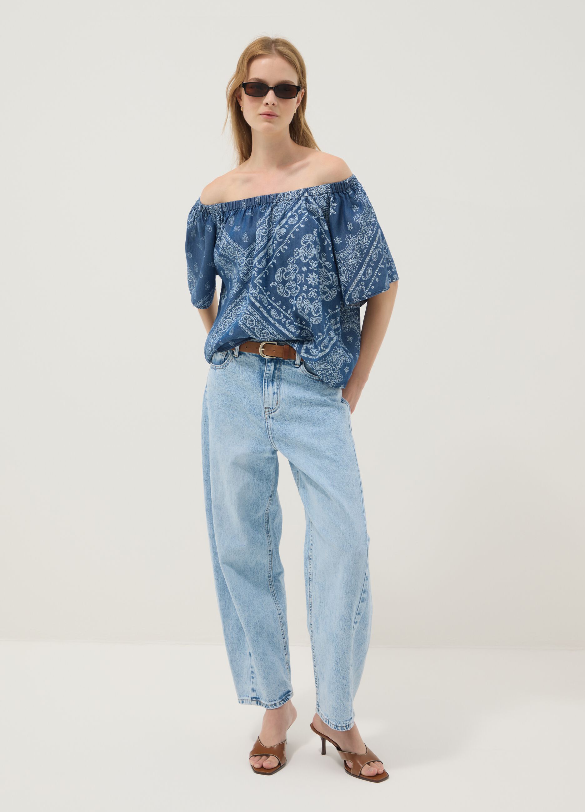 Blue pure lyocell paisley print blouse, regular fit