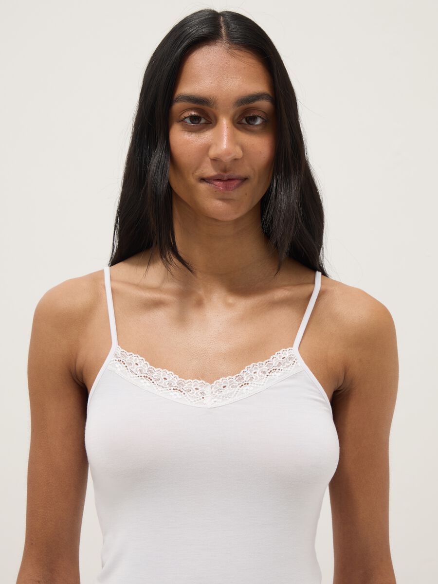 White stretchy viscose slim fit tank top with lace_1