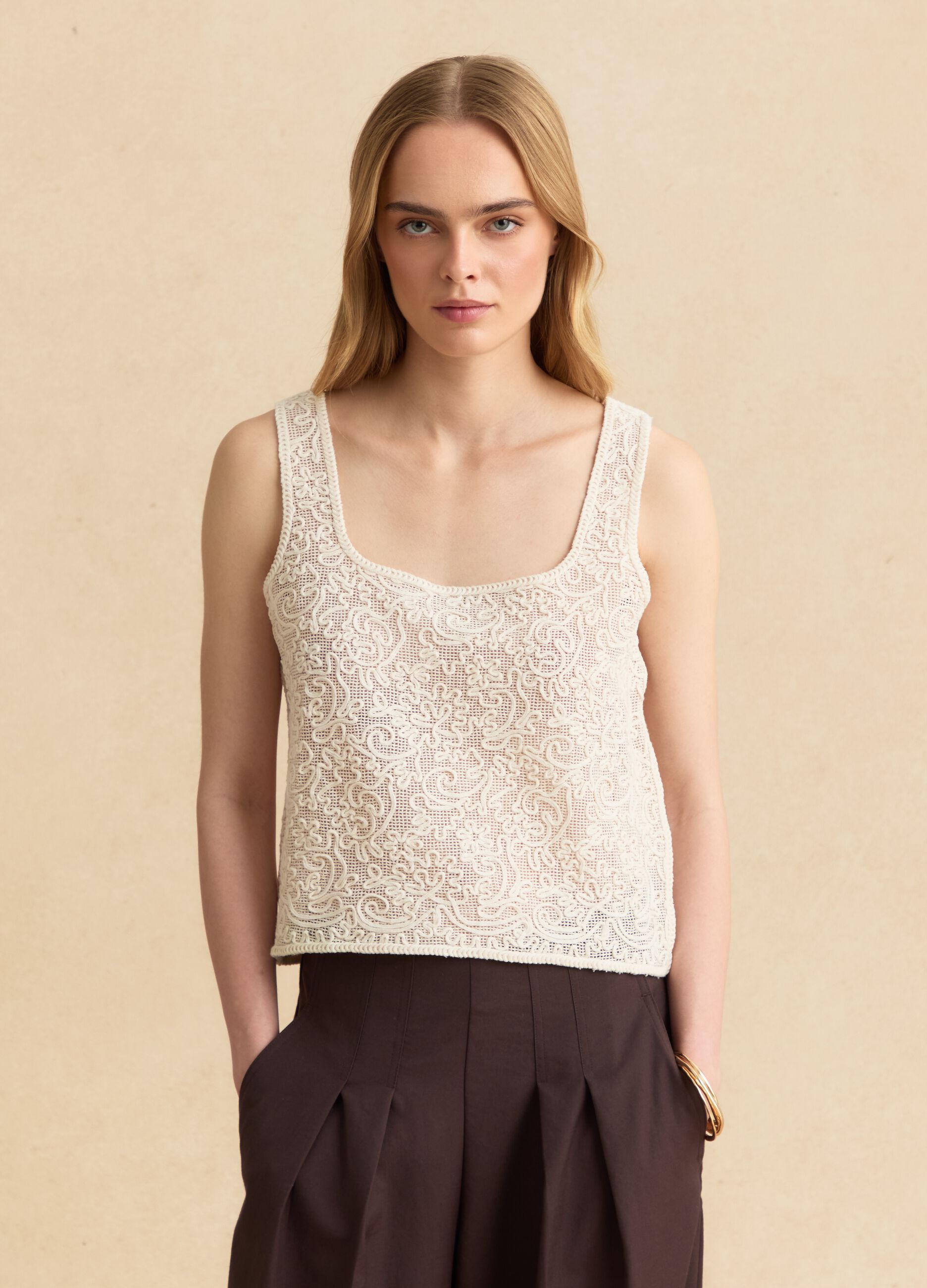 Beige cotton-blend regular-fit tank top with embroidery and mesh