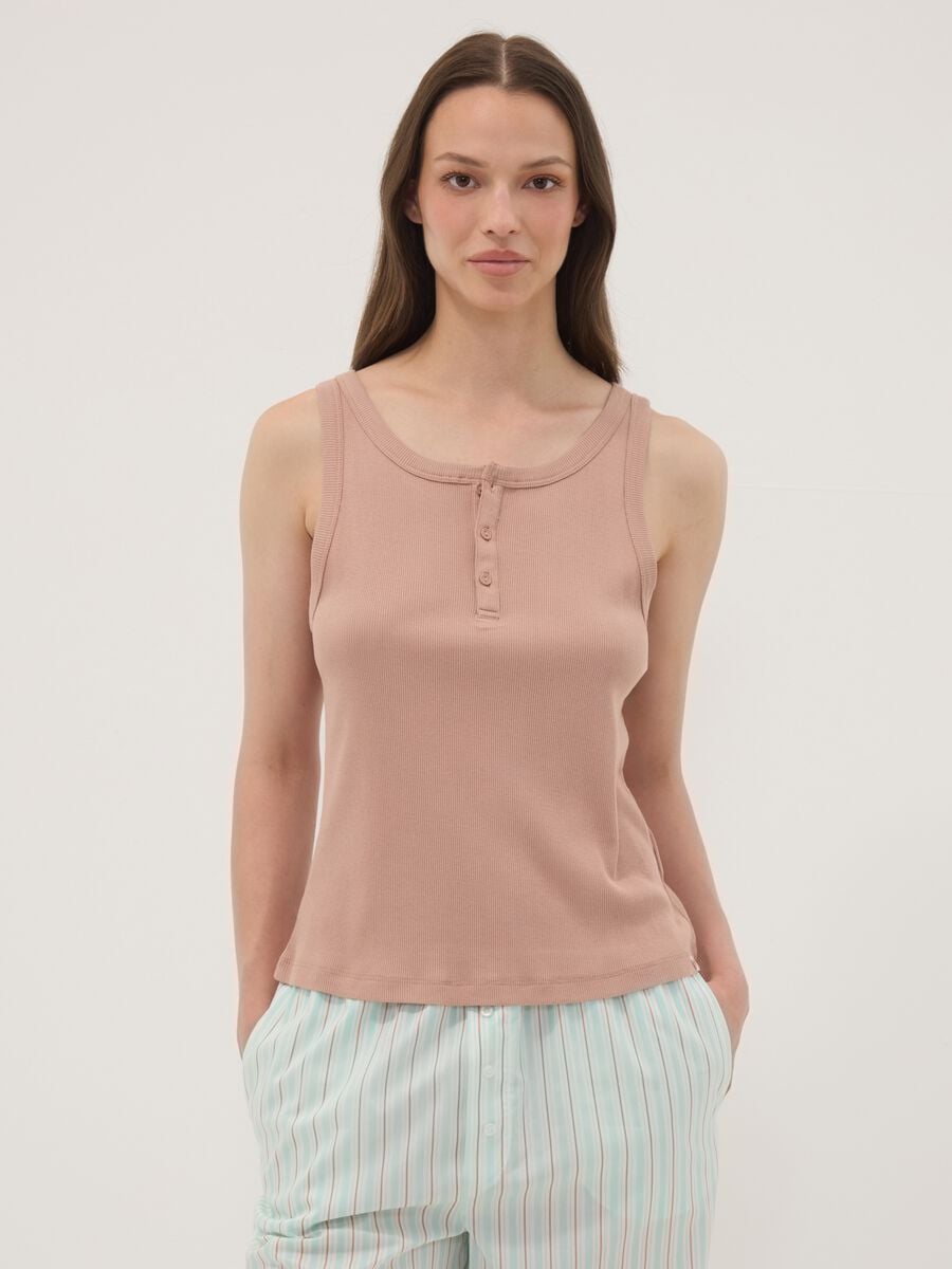 Beige ribbed cotton and viscose blend henley vest top_2