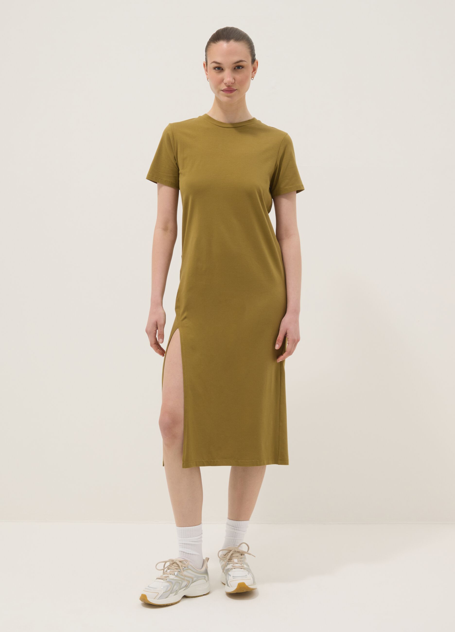 Brown midi dress in stretch cotton