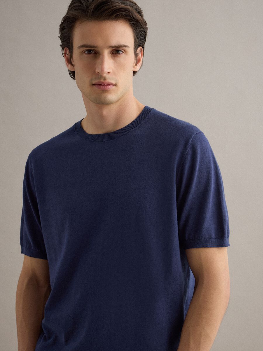 Short sleeve cotton, linen and silk blend blue regular fit T-shirt_2
