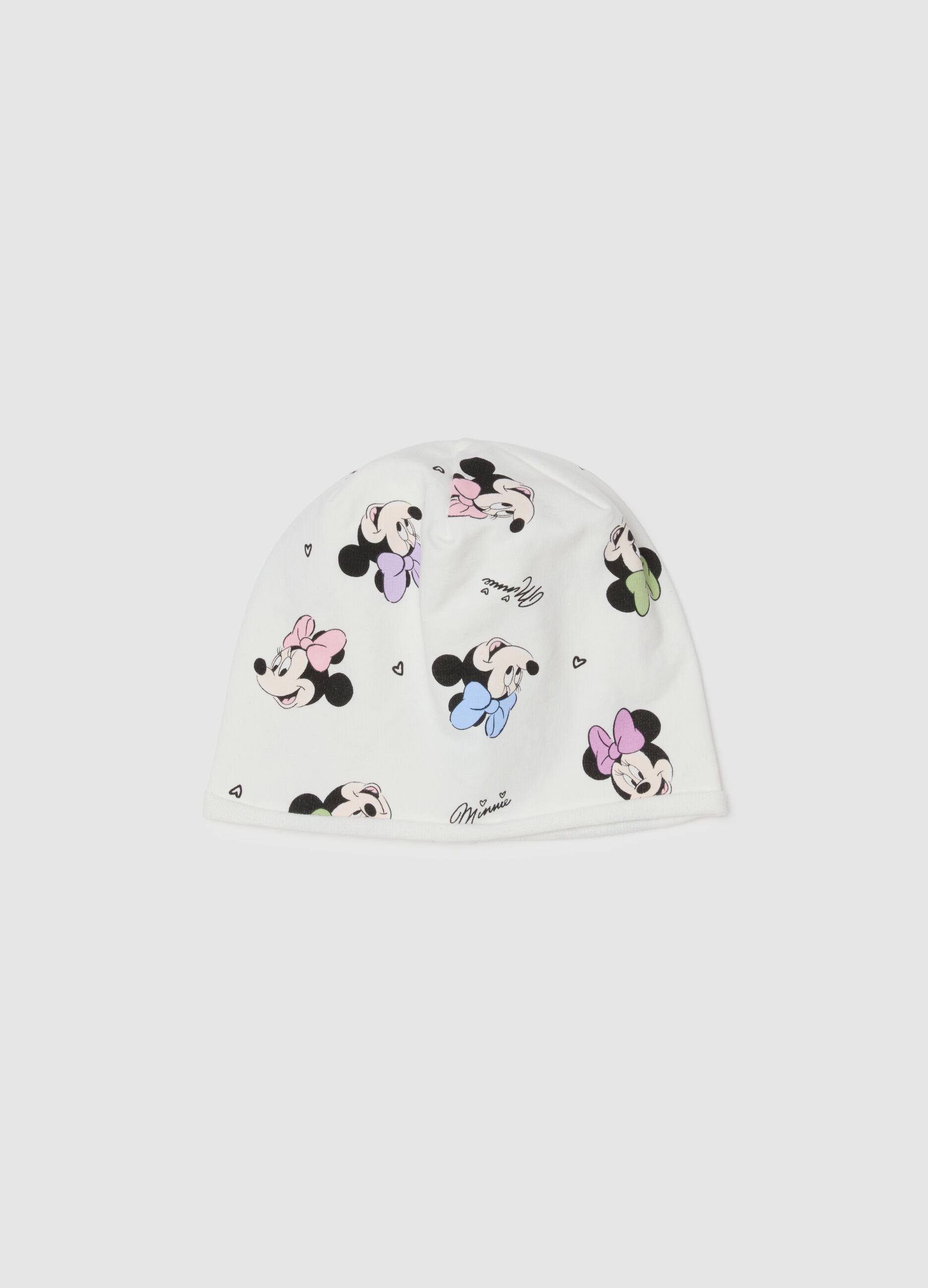 Gorro beanie branco para menina em mistura de algod&atilde;o com estampas Disney