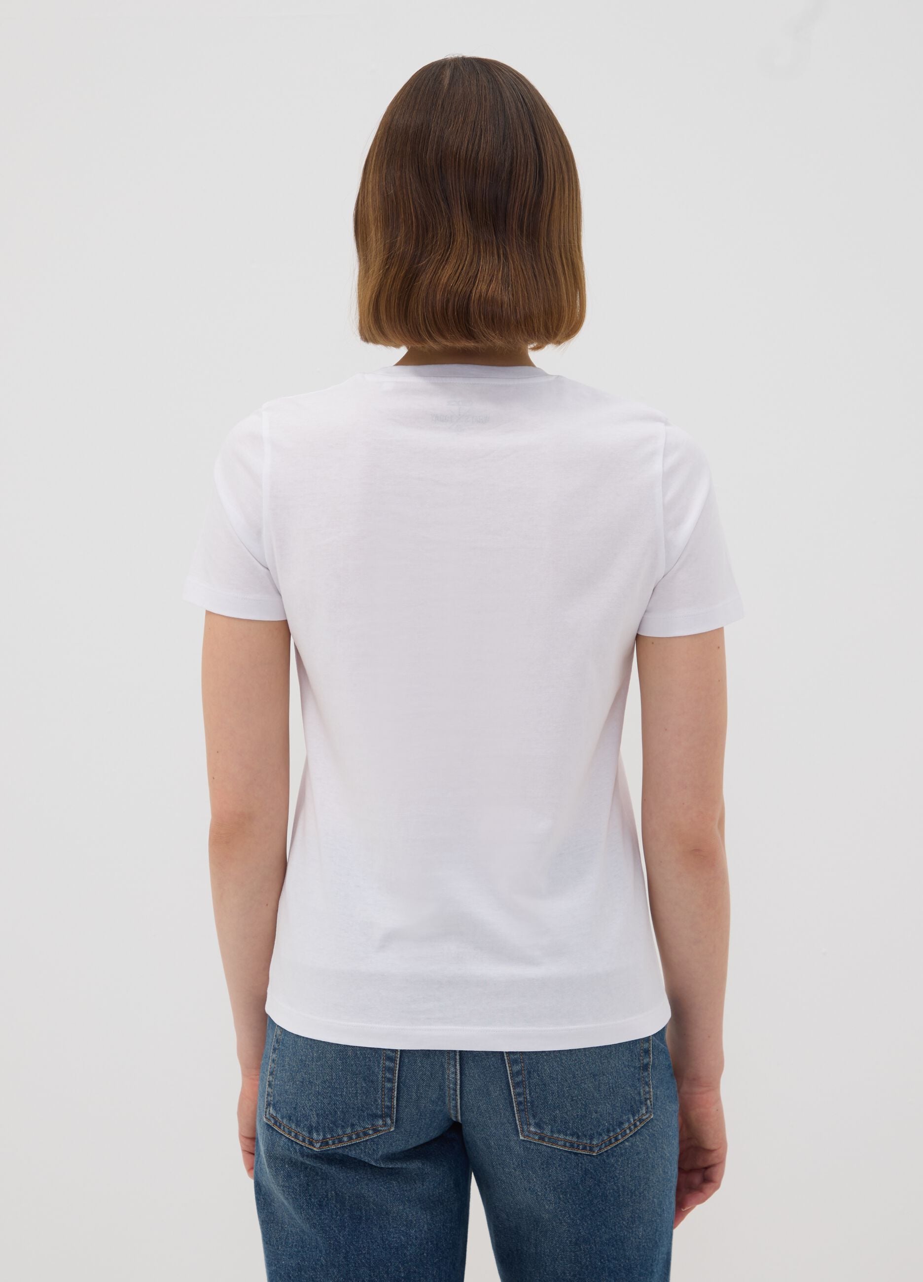 T-shirt bianca in puro cotone jersey e stampa cagnolino regular fit