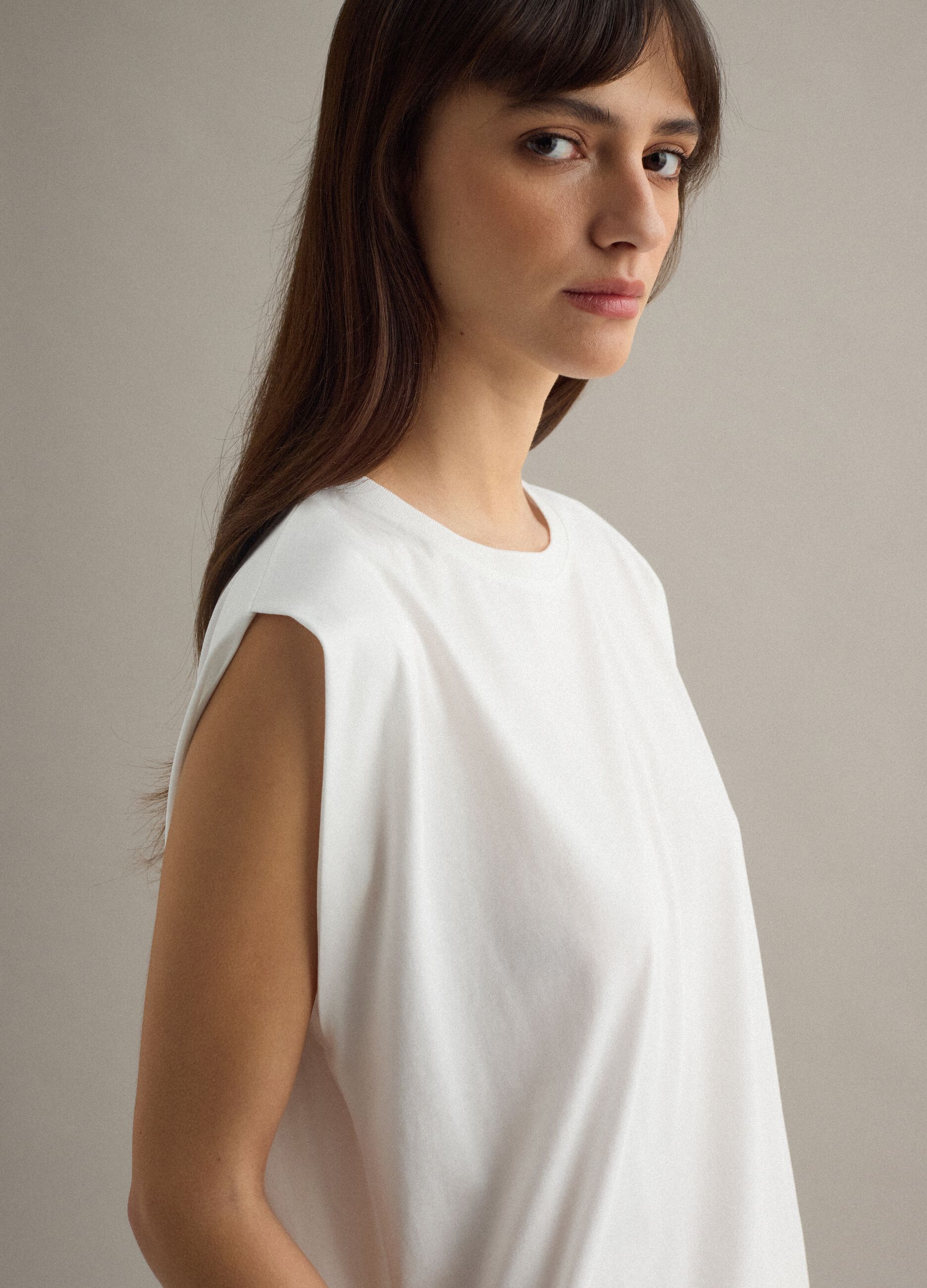 White Sleeveless Cotton-Blend Regular Fit T-shirt