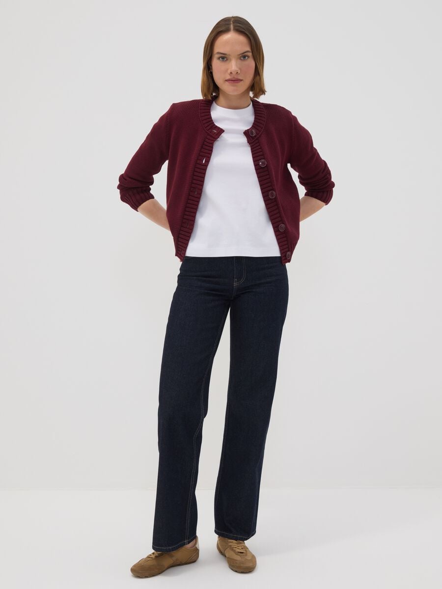 Burgundy pure cotton crew-neck cardigan with buttons, regular fit_1