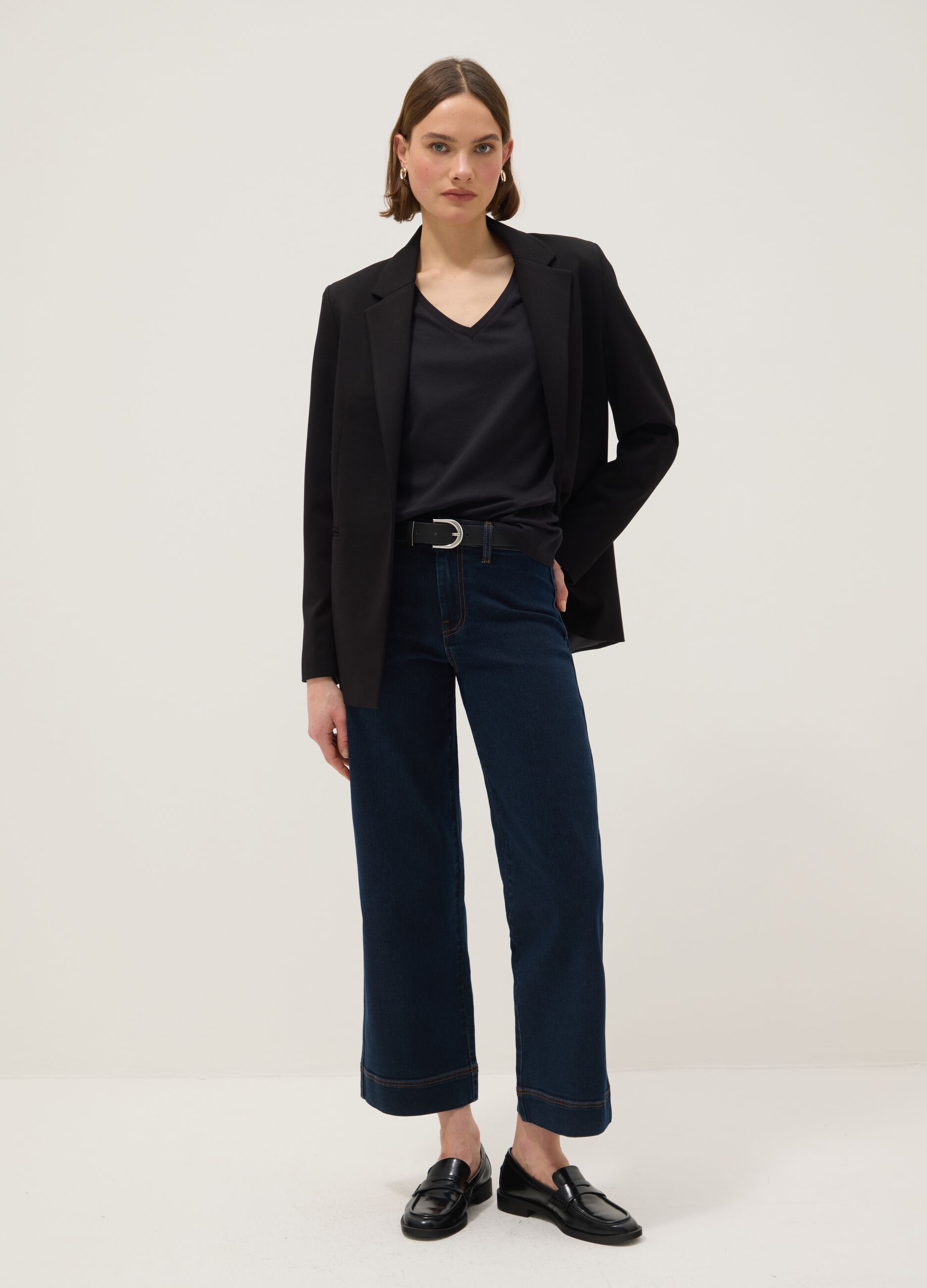 Wide leg blue stretchy cotton jeans