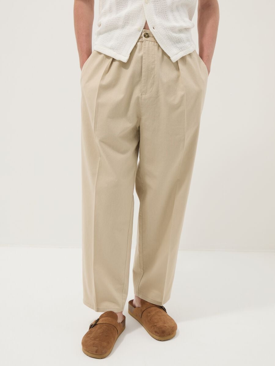 Pantal&oacute;n beige de mezcla de lino y algod&oacute;n con cintura el&aacute;stica_2