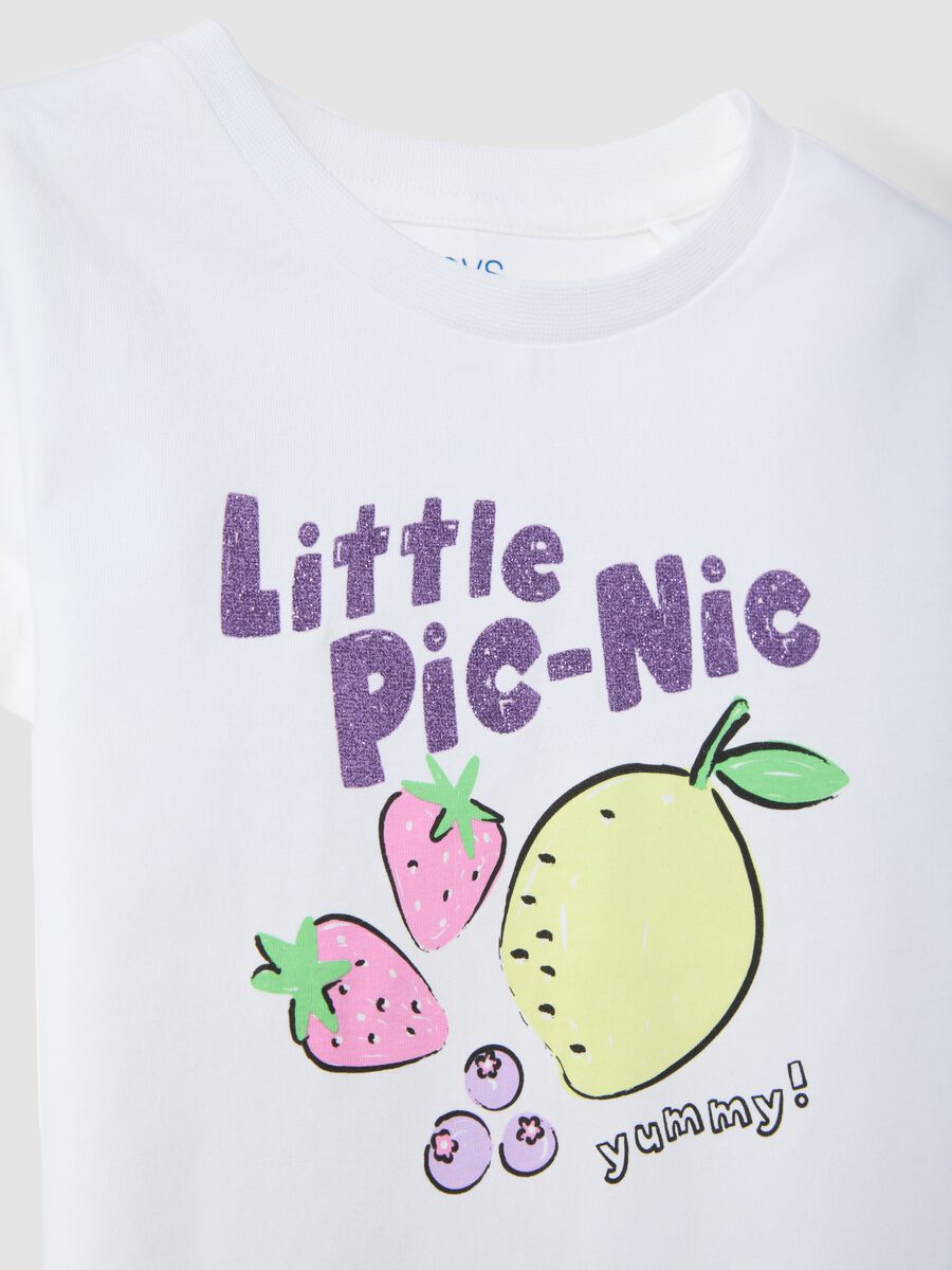 Girls' white pure cotton T-shirt with fruit print, regular fit_3