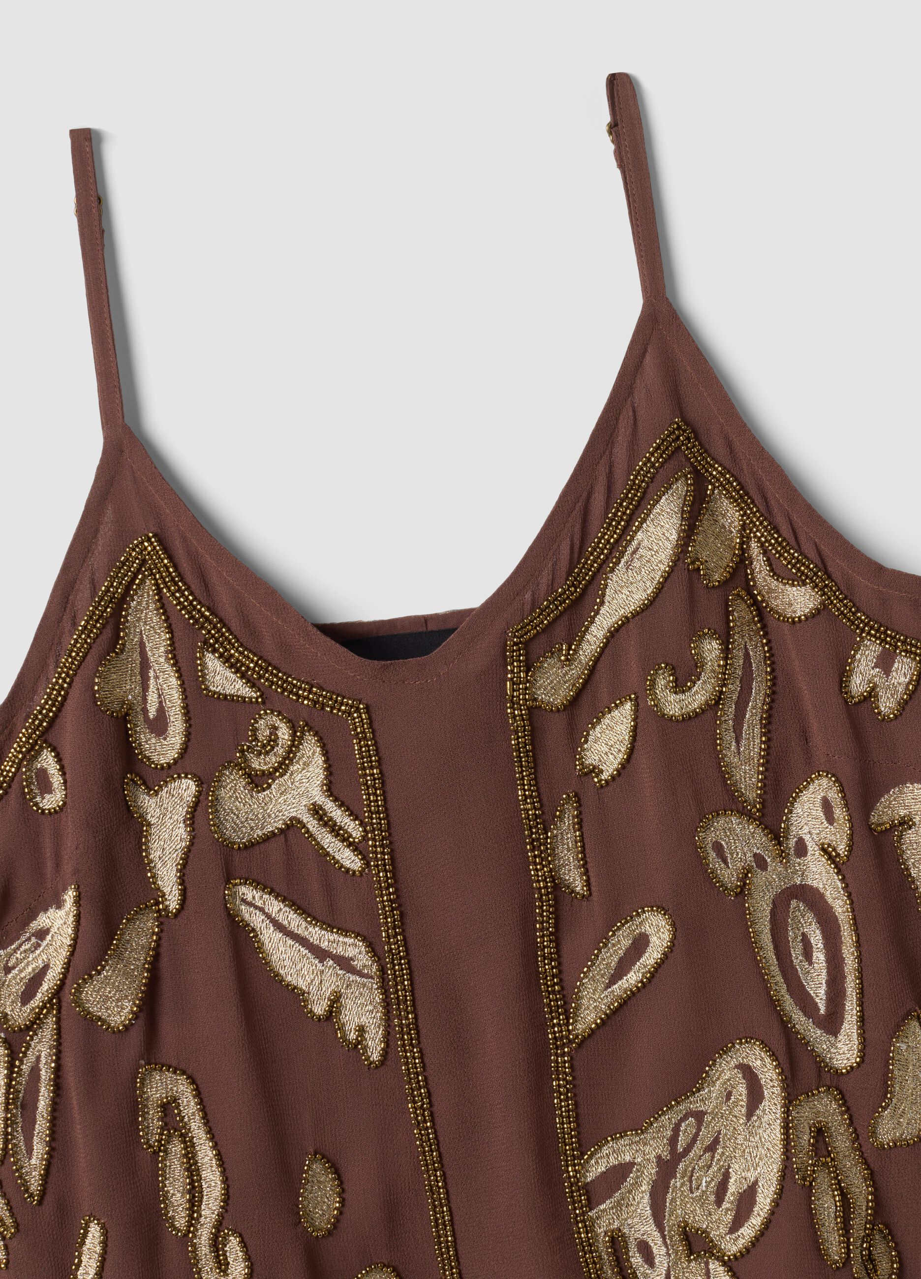 Brown fitted pure viscose top with thin straps and embroidered pattern