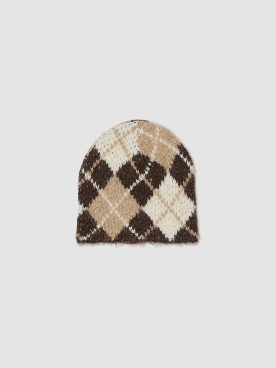 Gorro bege em l&atilde; el&aacute;stica com padr&atilde;o losangos_0