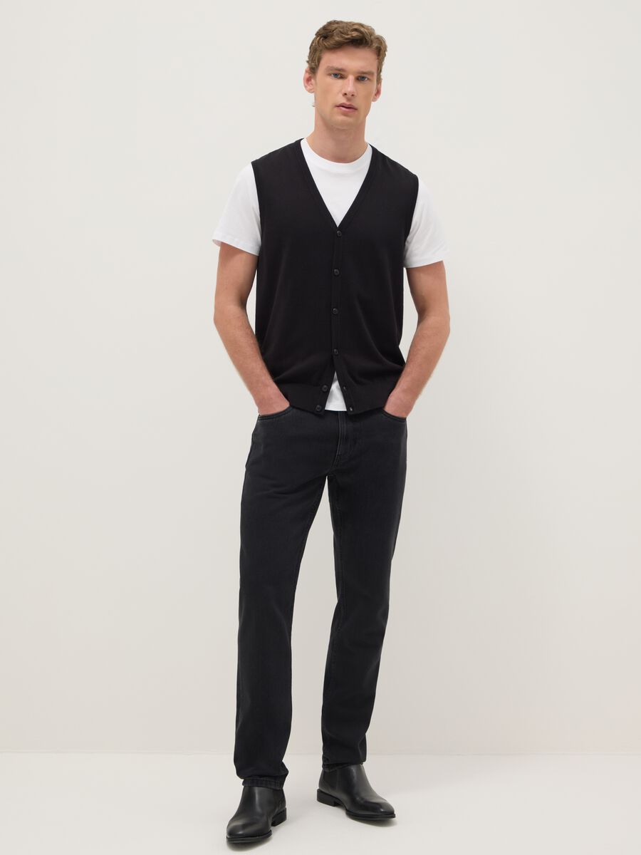 Black deep V cotton blend waistcoat regular fit with buttons_1