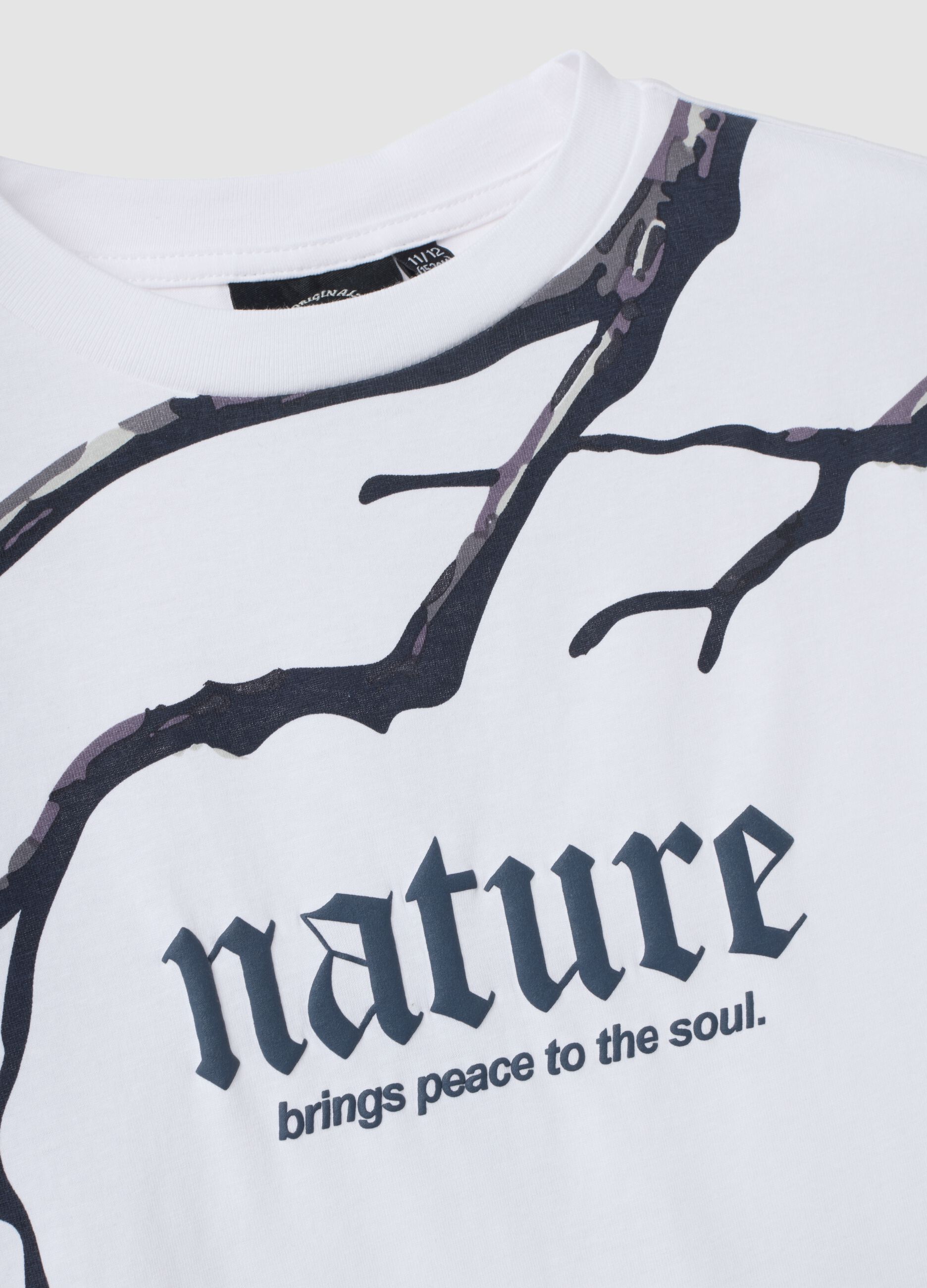 T-shirt branca em algod&atilde;o puro com estampado &ldquo;Nature&rdquo; para rapaz