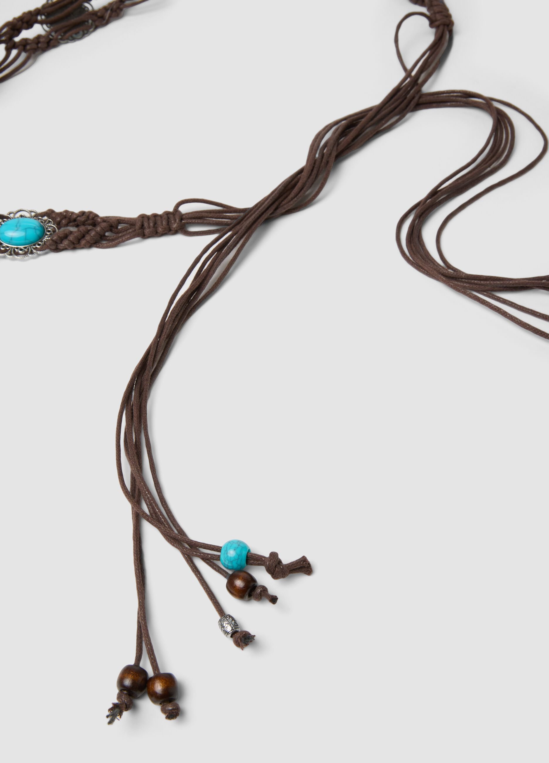 Brown braided belt with beads and decorative stones