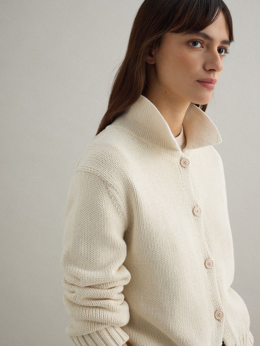 Beige pure cotton regular fit cardigan with polo collar_1