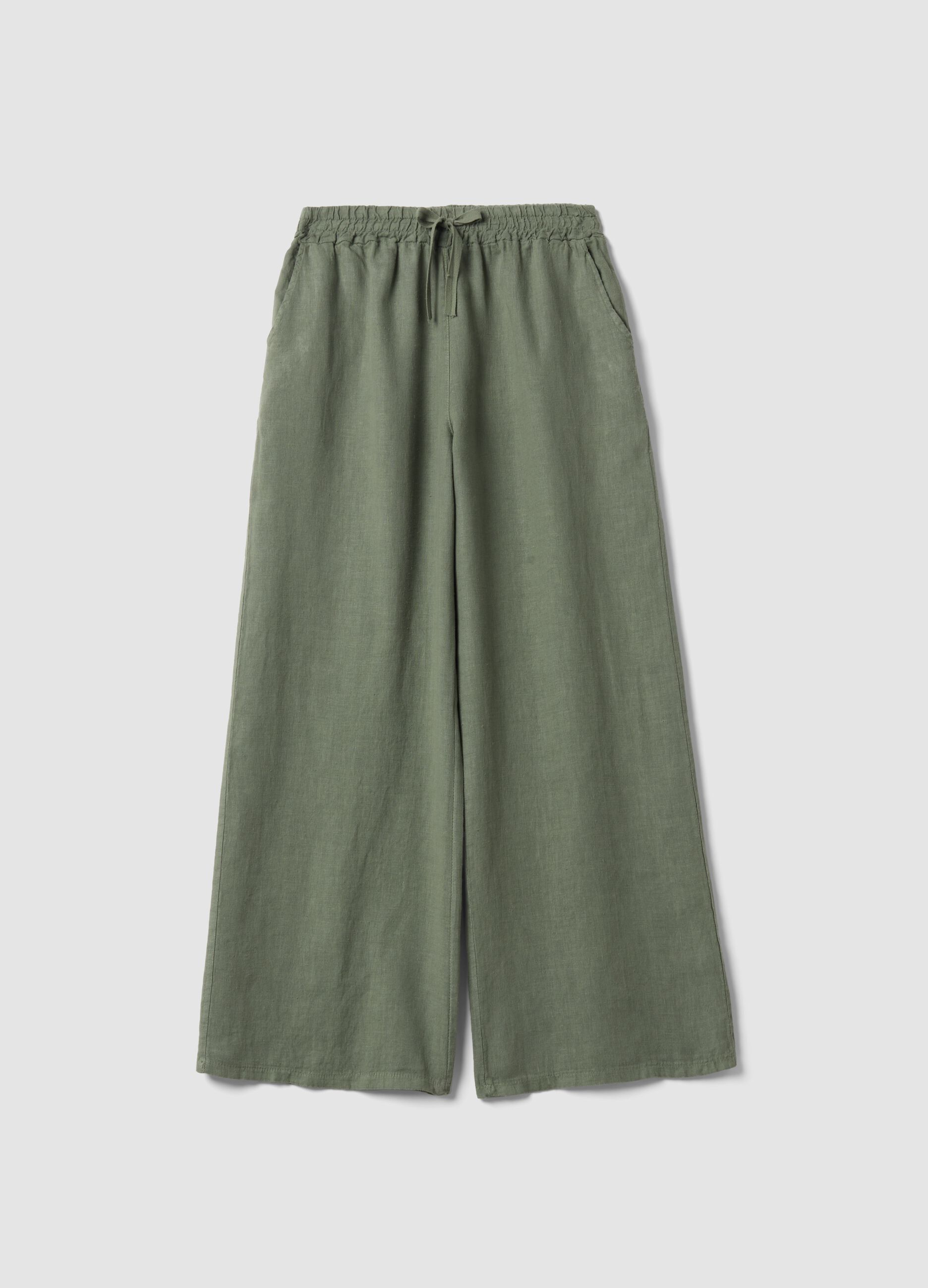 Green pure linen trousers with drawstring