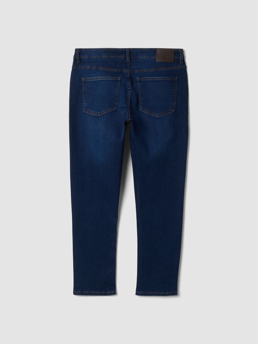 Dark blue stretch cotton slim tapered fit jeans_2