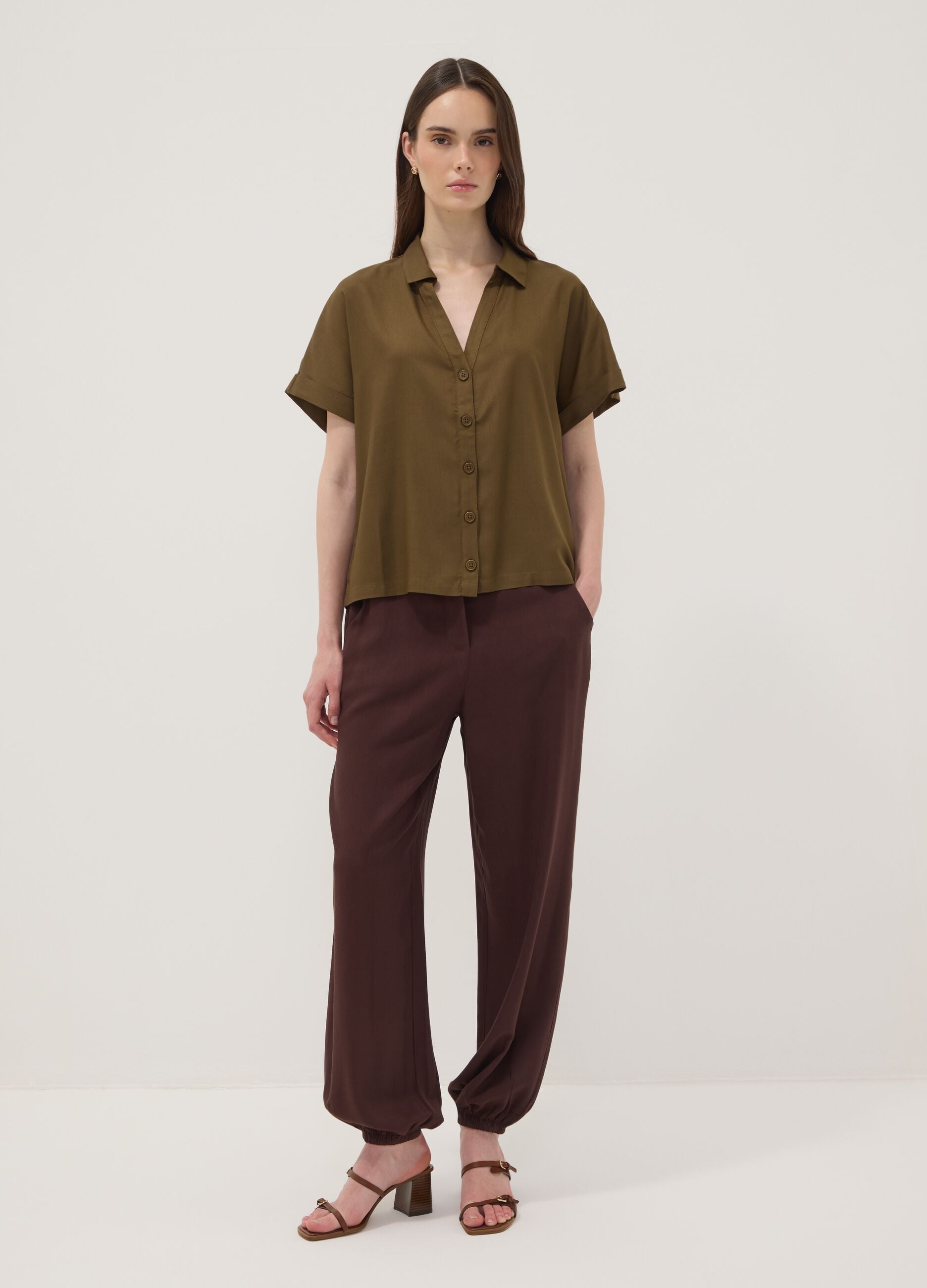 Green short-sleeve pure viscose shirt with oversized fit