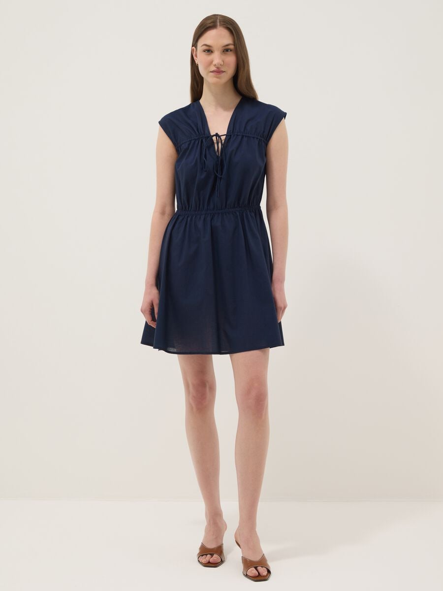 Blue pure cotton V-neck dress_1