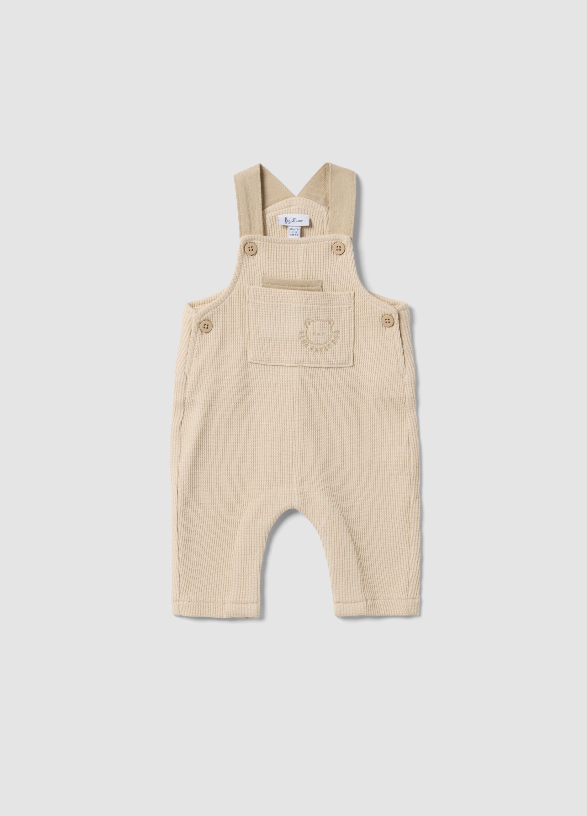 Beige Baby-Latzhose aus reiner Baumwolle, Regular Fit mit Stickerei