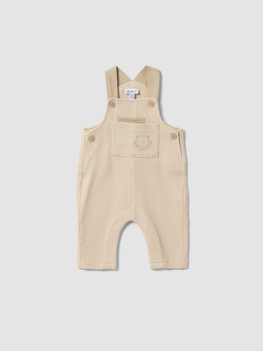 Beige Baby-Latzhose aus reiner Baumwolle, Regular Fit mit Stickerei_0