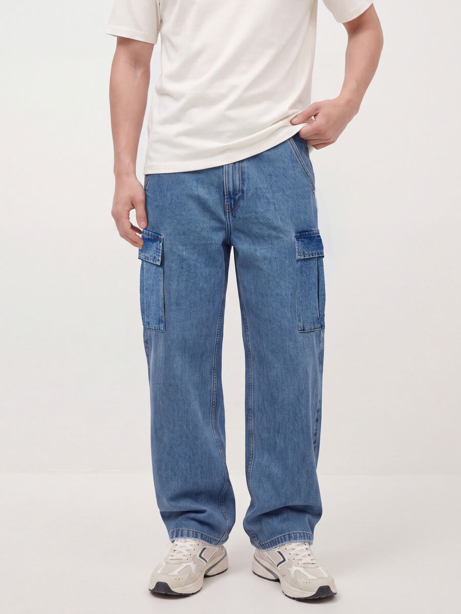 Blue pure cotton wide-leg cargo jeans_1