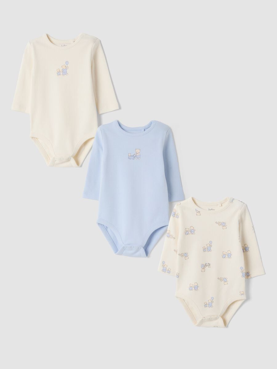 3-pack organic cotton babygrows in ivory and light blue with crew neck_0