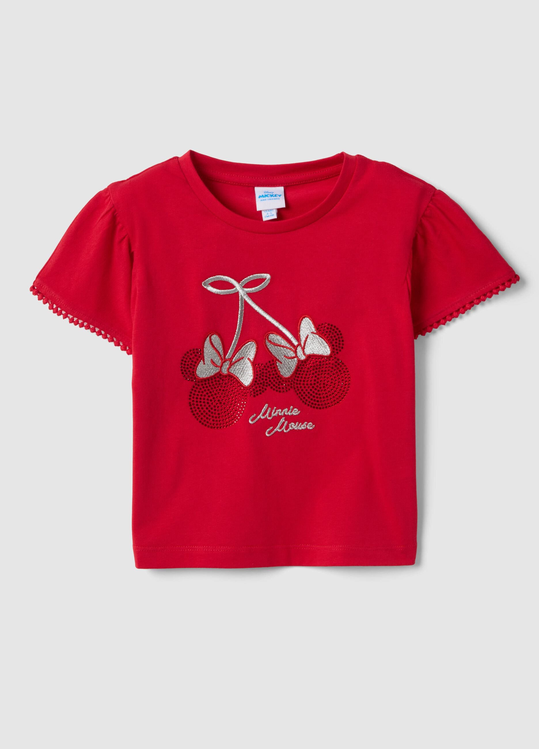 T-shirt vermelha de algod&atilde;o el&aacute;stico para crian&ccedil;as com decora&ccedil;&atilde;o Minnie Mouse