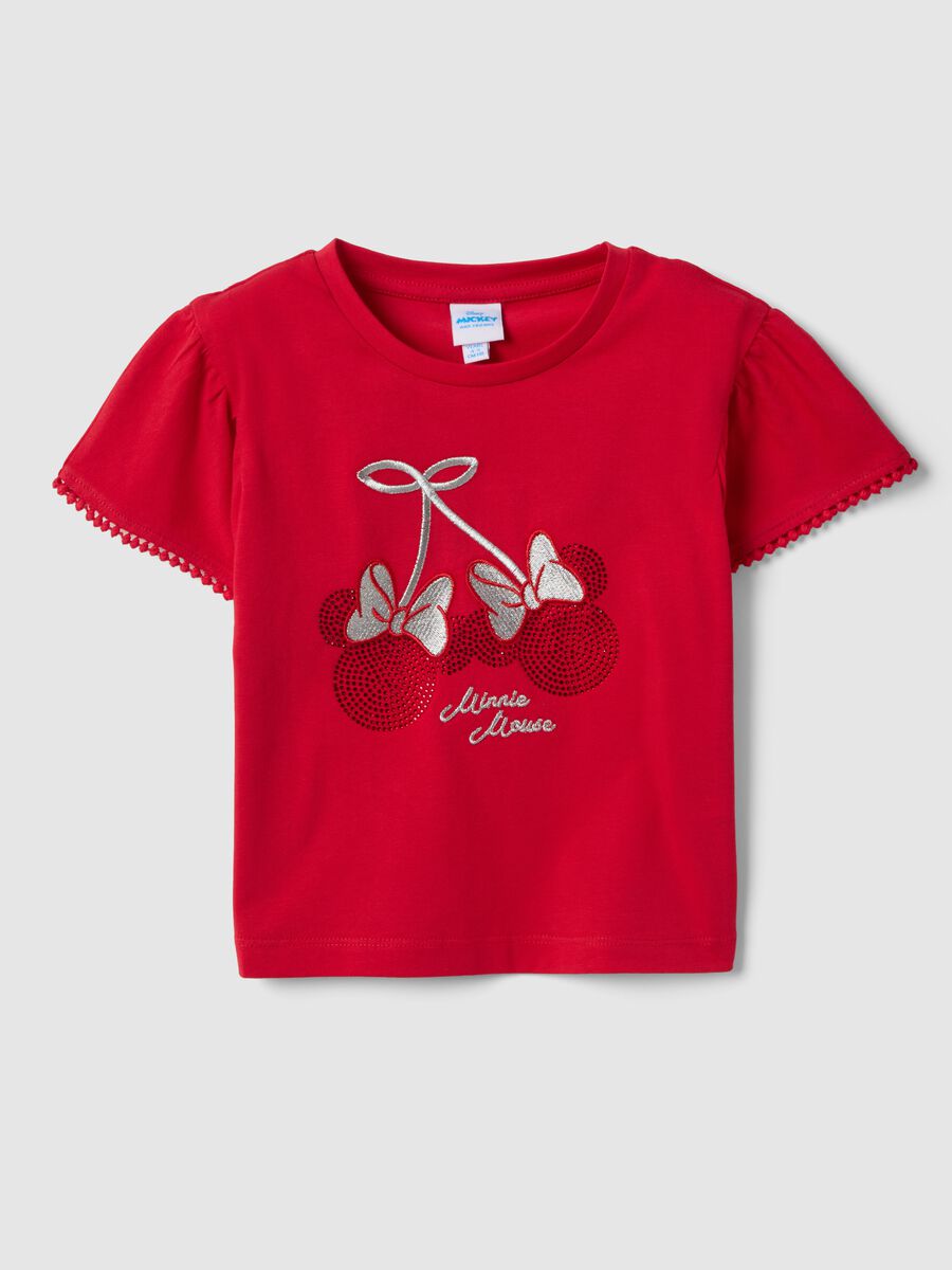 Red Stretch Cotton Children's T-shirt with Minnie Mouse Decoration_0