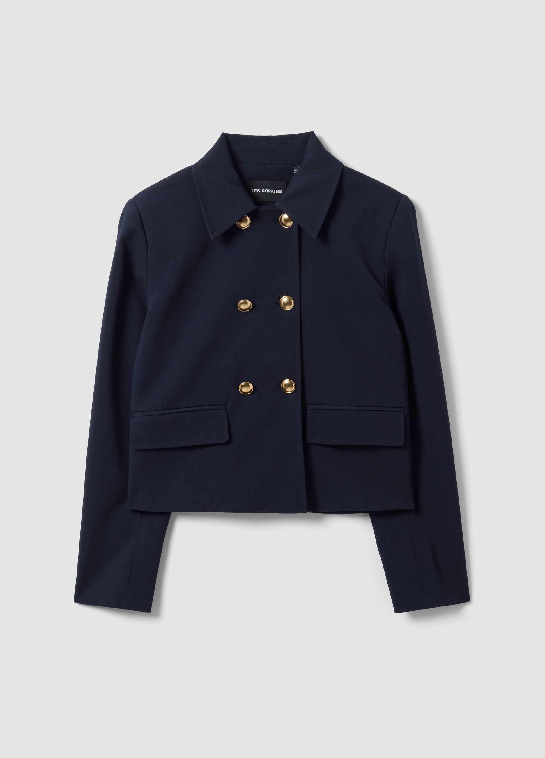 Blue double-breasted stretch viscose blazer with gold-tone buttons