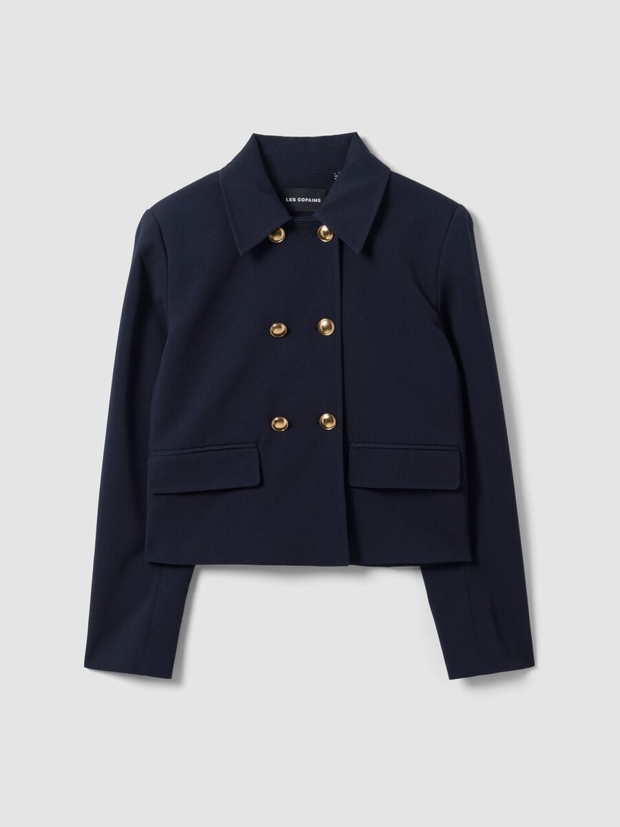Blue double-breasted stretch viscose blazer with gold-tone buttons_0