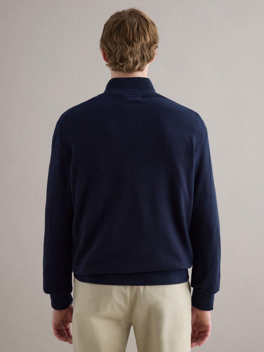 Pure cotton blue regular fit sweater with high neck and zip_2