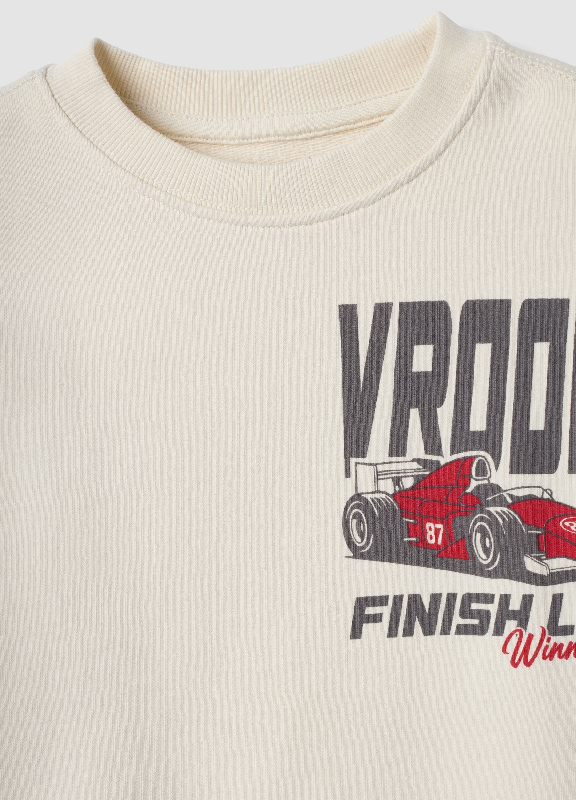 Felpa bianca in puro cotone con girocollo e stampa racing over fit