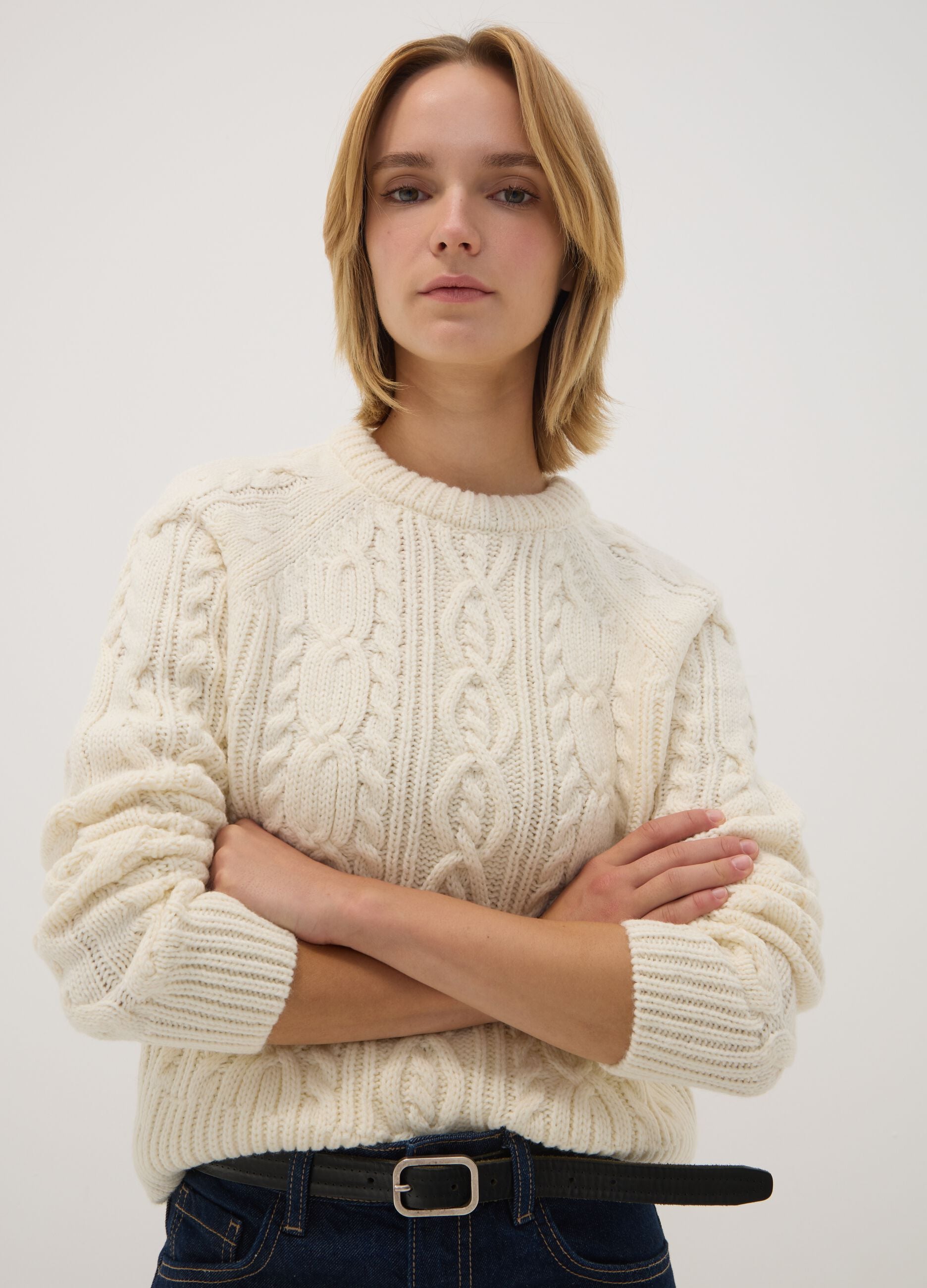 White wool-blend cable-knit crew-neck jumper
