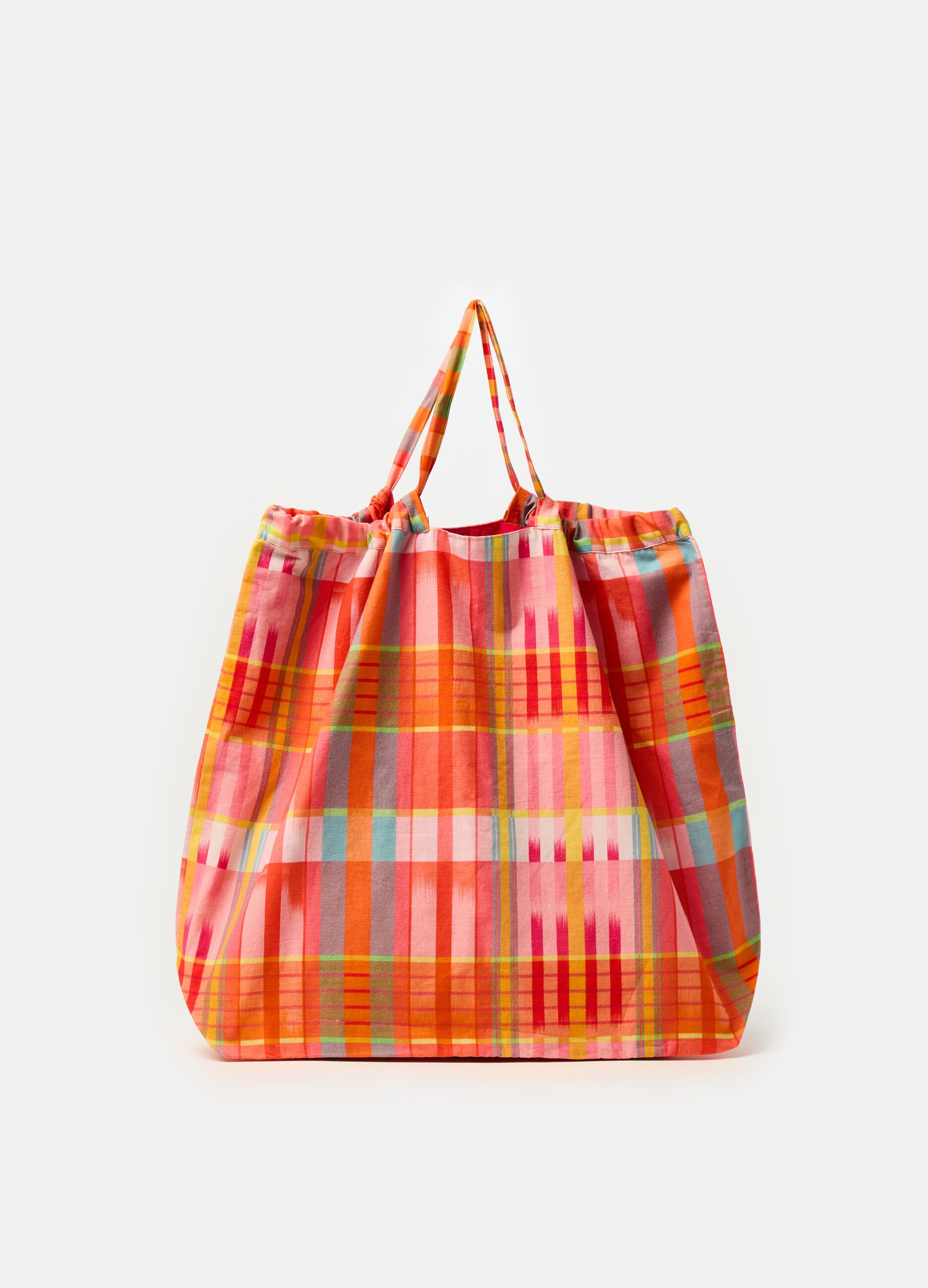 Shopping bag in cotone a quadri e righe